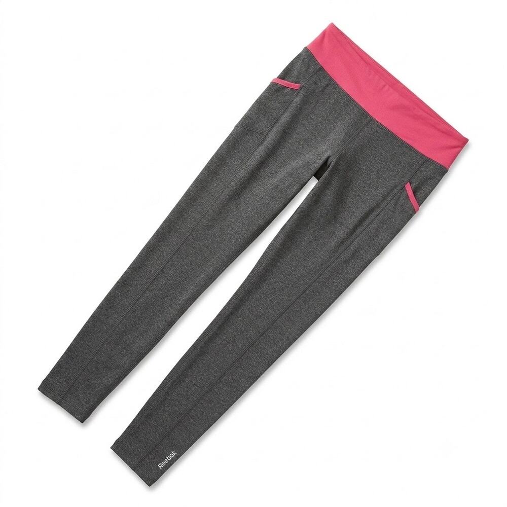 Reebok Running Tights Gray Pink 7/8 Mid Rise Pockets Yoga Gym Womens Small